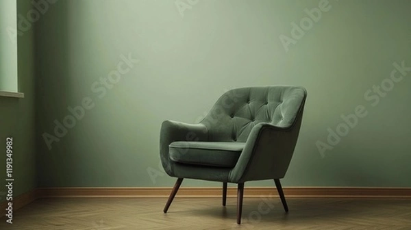 Fototapeta Cozy winter room with a large window revealing a snowy landscape, soft natural light filling the space, style book illustration