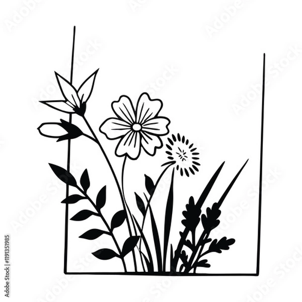 Fototapeta Flower line art. Hand drawn flowers, meadow herbs, wild plants, botanical elements for design projects. Vector illustration.
