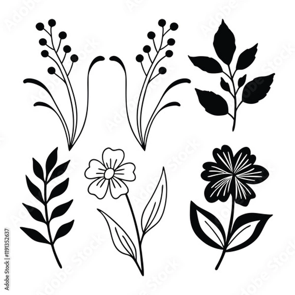 Fototapeta Flower line art. Hand drawn flowers, meadow herbs, wild plants, botanical elements for design projects. Vector illustration.