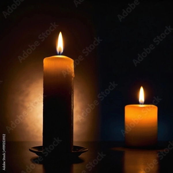 Fototapeta Three glowing candles burn brightly in the darkness of night