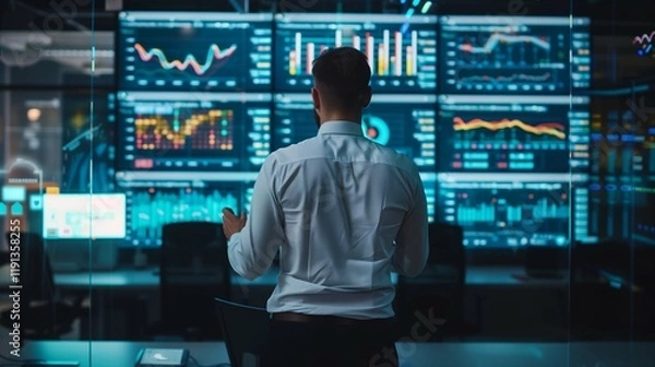 Fototapeta High-tech control room with a large digital wall displaying incident management dashboards and analytics


