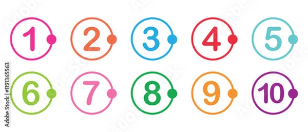 Fototapeta Modern colorful numbers button set. Numbers counting different colorful stroke vector button icon design. Set of colorful round 1 to 10 isolated on white background. Vector illustration. EPS 10