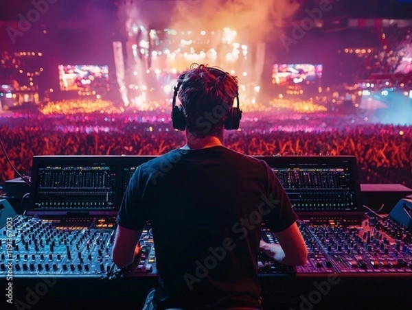 Fototapeta Sound engineer working at mixing panel on a big concert