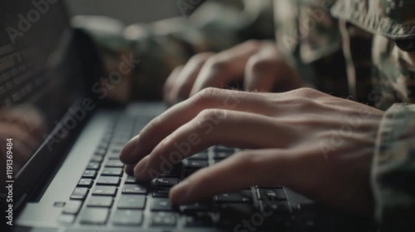 Fototapeta Soldier using a computer in a military command center for cyber intelligence analysis and secure communication in an army office
