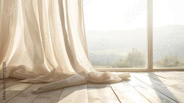 Obraz Translucent cream-colored linen curtains flow soft_001