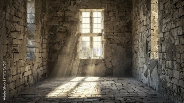 Fototapeta Stunning view of a vacant room with stone walls captured through a grand rectangular window