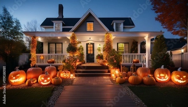 Fototapeta Generated image A festive Halloween display of illuminated pumpkins and autumn decorations on a cozy home