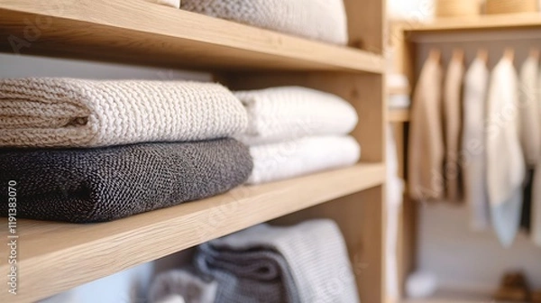 Fototapeta Neatly Arranged Wool Sweaters and Garments in a Modern Wooden Wardrobe : Generative AI