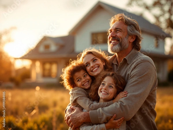 Fototapeta A joyful family rejoices in their new home, filled with hope and dreams of a brighter tomorrow.