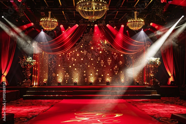Fototapeta Red Theater Stage with Dramatic Lighting and Velvet Curtains, Elegant Performance Venue Setup with Spotlight and Theatrical Atmosphere