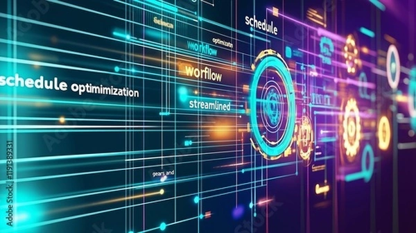 Obraz Digital Time Management System with Glowing Technology Elements on Purple Background