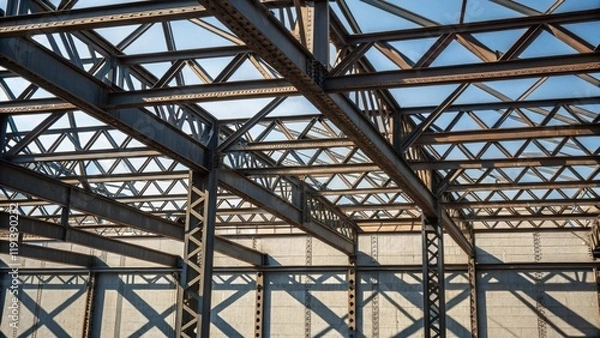 Obraz A medium closeup of an assembled steel framework the shadows cast by the beams enhancing the structural complexity