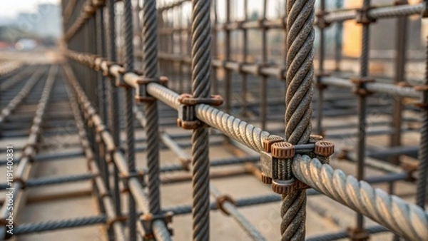 Obraz Closeup of scaffolding components featuring twisted wires and bolts forming a rhythmic repetitive lattice that evokes a sense of organized chaos.