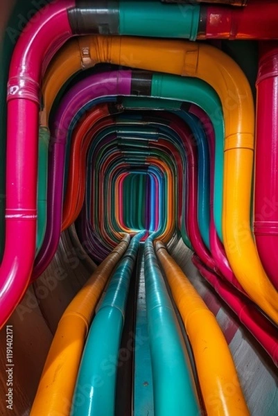 Fototapeta Brightly colored pipes form a tunnel-like structure.