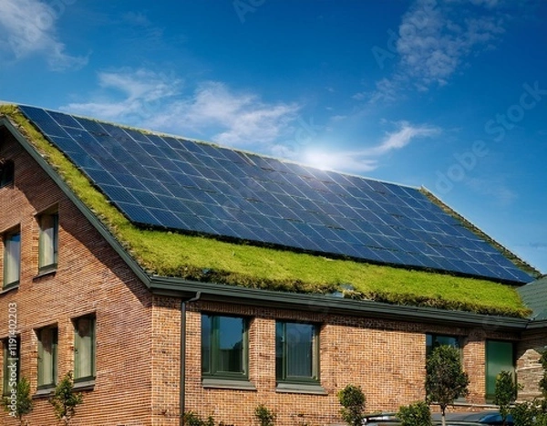 Obraz Generated image  A building with a green roof and integrated solar panels