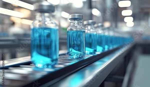 Obraz Vials of blue liquid on a conveyor belt in a modern medical factory, an AI technology concept.