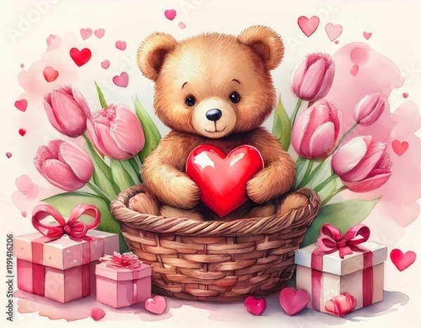 Obraz Generated image Watercolor illustration of a cute teddy bear holding a red heart in a basket