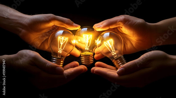 Fototapeta 
Close-up of hands holding a glowing light bulb, representing shared ideas, teamwork