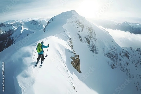 Fototapeta Snow-covered peak showcases climber navigating steep terrain und