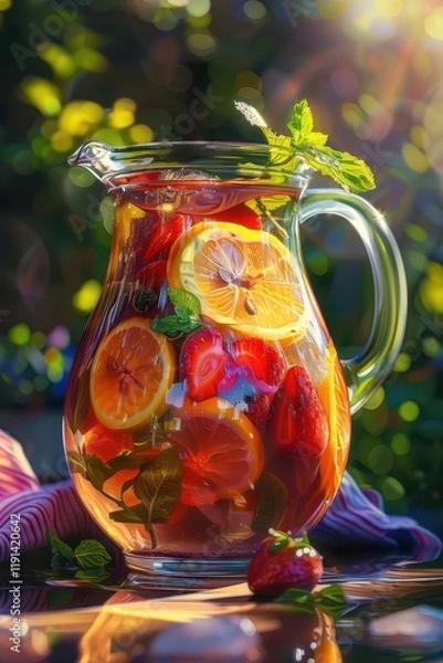 Fototapeta Refreshing Fruit-Infused Iced Tea in a Pitcher with Strawberries and Lemons