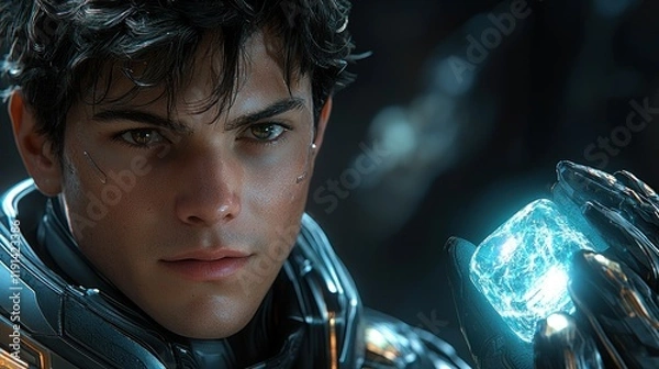 Fototapeta Cyberpunk Anime Boy with Energy Cube