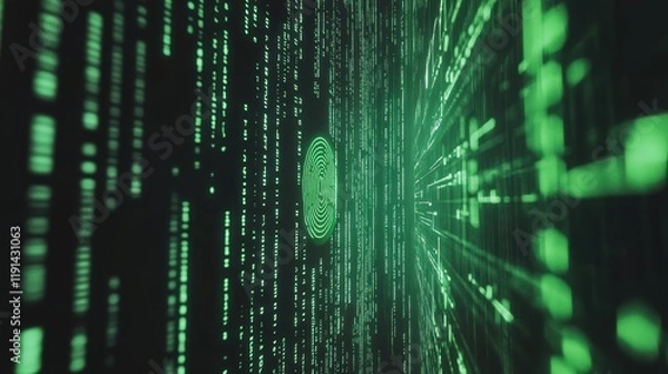 Fototapeta Futuristic fingerprint scanner with green data streams background