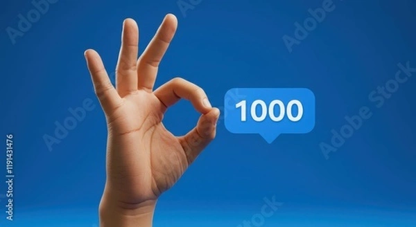 Fototapeta Hand gesture for approval with 1000 likes notification on blue background
