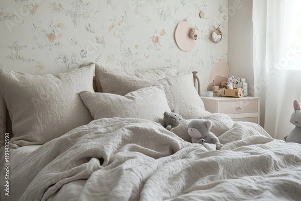 Obraz Cozy bedroom scene with soft bedding, plush toys, and warm natur