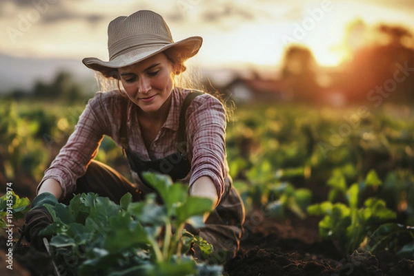 Fototapeta Peasant woman with hat working in the field.