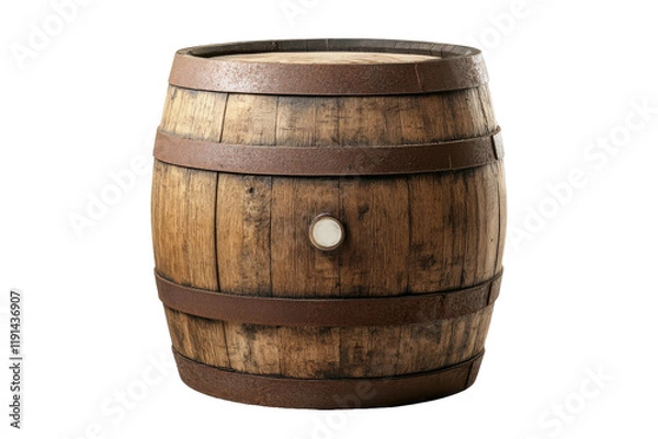 Fototapeta Wooden barrel placed upright, showcasing craftsmanship and rustic design from a bygone era in a storage space