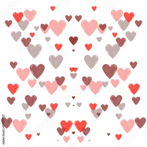 Fototapeta A large collection of hearts in various sizes and colors. The hearts are scattered all over the white background. Love and affection concept. Illustration.