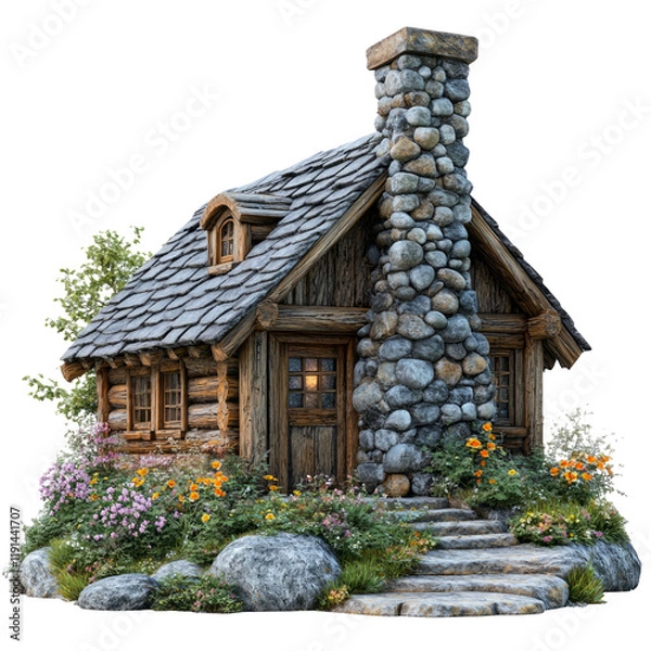 Fototapeta Quaint Rustic Cabin Surrounded by Colorful Flowers and Stone Pathway