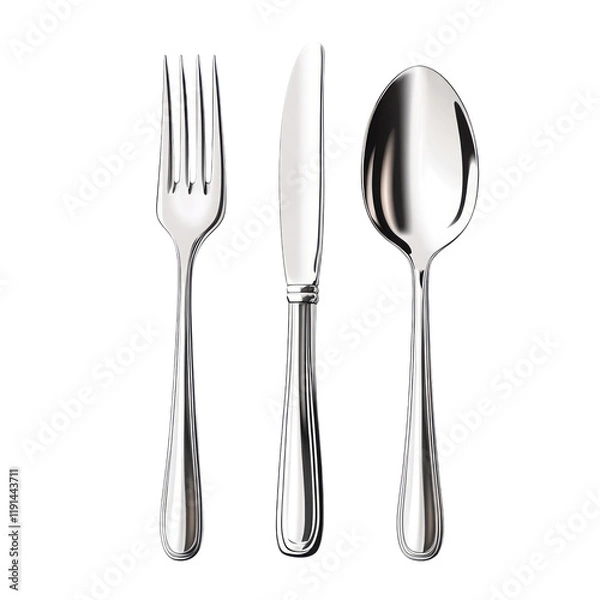 Fototapeta Silver Fork Knife Spoon Set Isolated on Transparent Background
