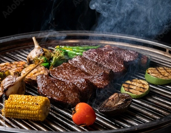Fototapeta Generated image Asado grill with perfectly charred meats and vegetables, smoke rising