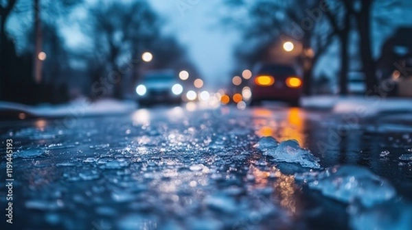 Fototapeta Close-Up of Ice-Covered Street with Cars – Evening Bokeh Effect, Blurred City Lights, Cold Winter Season