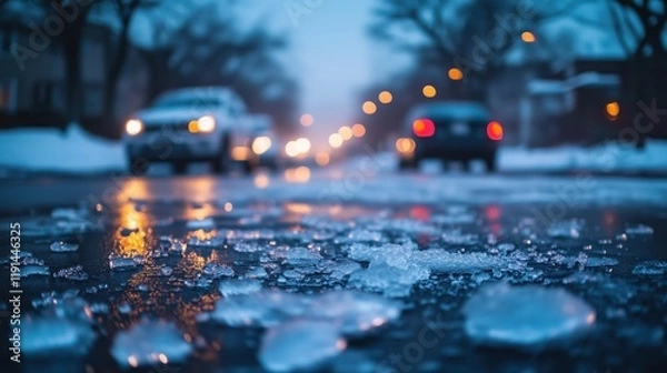 Fototapeta Close-Up of Ice-Covered Street with Cars – Evening Bokeh Effect, Blurred City Lights, Cold Winter Season