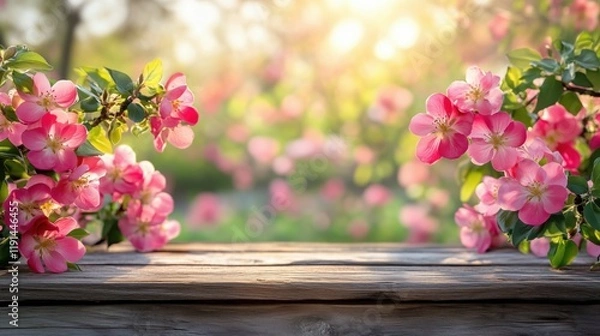 Fototapeta Empty Wooden Table with Blurred Garden Background – Spring Flowers in Bloom, Product Display Space, Copy Space for Promotional Content