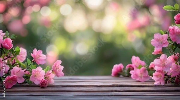 Fototapeta Empty Wooden Table with Blurred Garden Background – Spring Flowers in Bloom, Product Display Space, Copy Space for Promotional Content