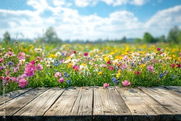 Fototapeta Empty Wooden Table with Blurred Garden Background – Spring Flowers in Bloom, Product Display Space, Copy Space for Promotional Content