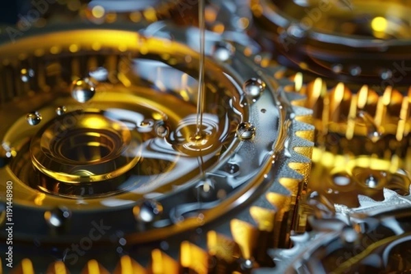 Fototapeta Oil pouring on gears ensuring smooth operation and preventing friction, symbolizing maintenance and industrial processes