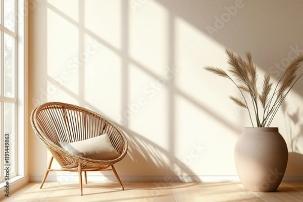 Fototapeta Empty Wall in Boho Room Interior - Natural Daylight, Minimalistic Decor, Cozy Space, Bohemian Style, Modern Interior, Calm Atmosphere, Stylish Room Design