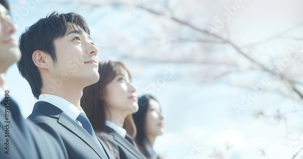 Obraz 桜を背景に希望を胸に空を見つめる新入社員たち