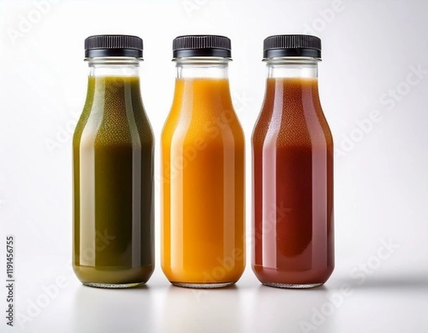 Obraz Generated image Three glass bottles of fresh natural fruit and vegetable juices with black caps on a white