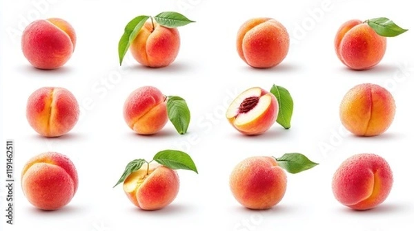 Fototapeta Fresh and Juicy Peaches Collection on White Background