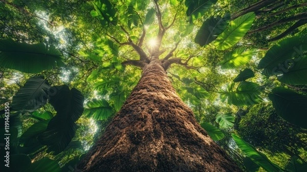 Obraz Majestic Tree Reaching Towards Sunlight in Lush Green Forest