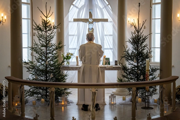 Fototapeta Priest Standing Before the Altar in a Festive Church. Clergyman in Christmas-Adorned Chapel.