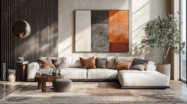 Fototapeta A Luxurious Living Room Interior With a Modern Sofa and Abstract Art Piece