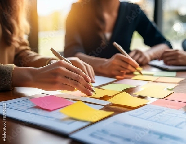 Fototapeta Generated image Team hands working with sticky notes on table, creative meeting concept, blurred background