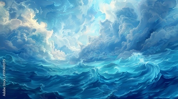Fototapeta A painting of a blue ocean with clouds in the sky