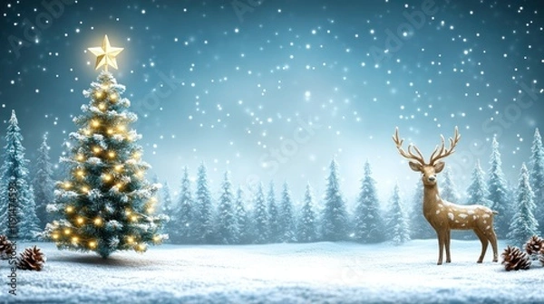 Obraz Winter Wonderland Illuminated Christmas Tree and Deer in Snowy Forest Scene